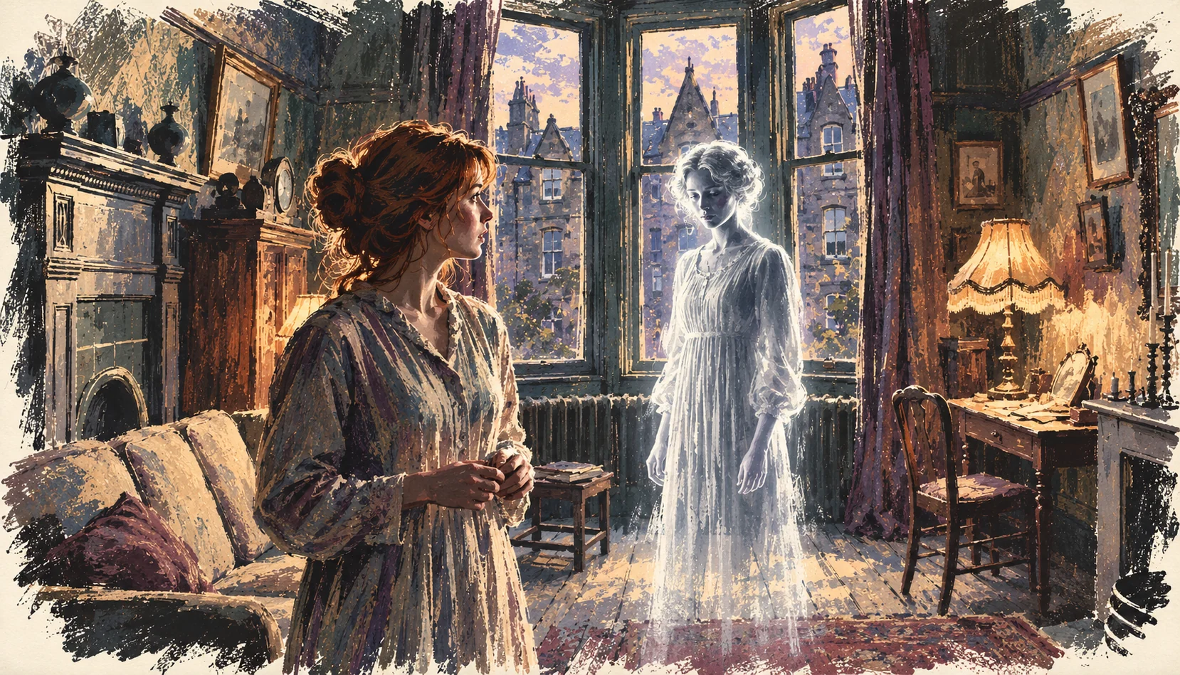 Illustrated scene from The Considerate Ghost