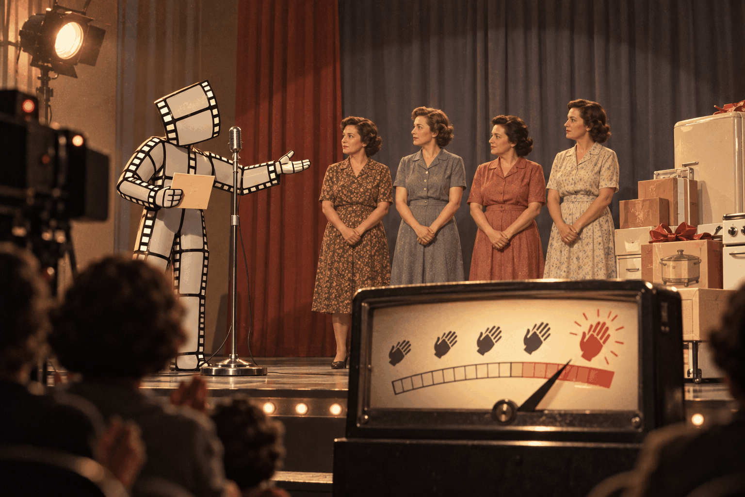 Filmstrip host gestures toward four women on a studio stage, with an applause meter in the foreground.