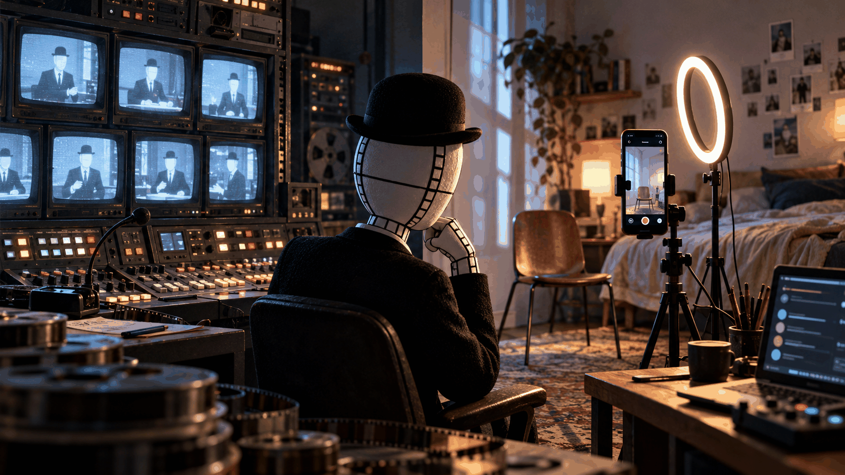 Bowler-hatted figure sits between a bank of studio monitors and a bedroom phone tripod with ring light.