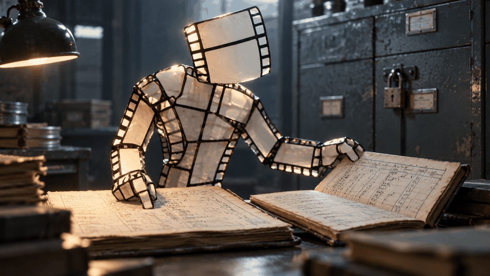 Film Cell Man examines records at a table in a secure archive.