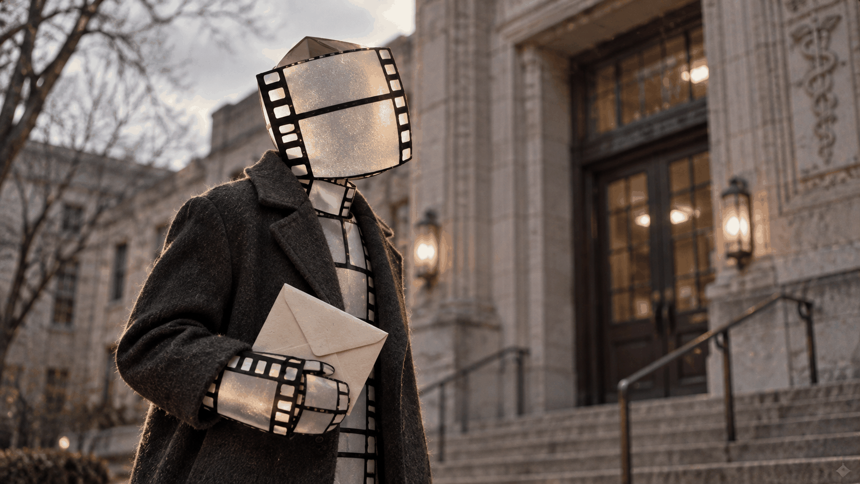 Film Cell Man holds a sealed envelope outside an anonymous stone medical building.