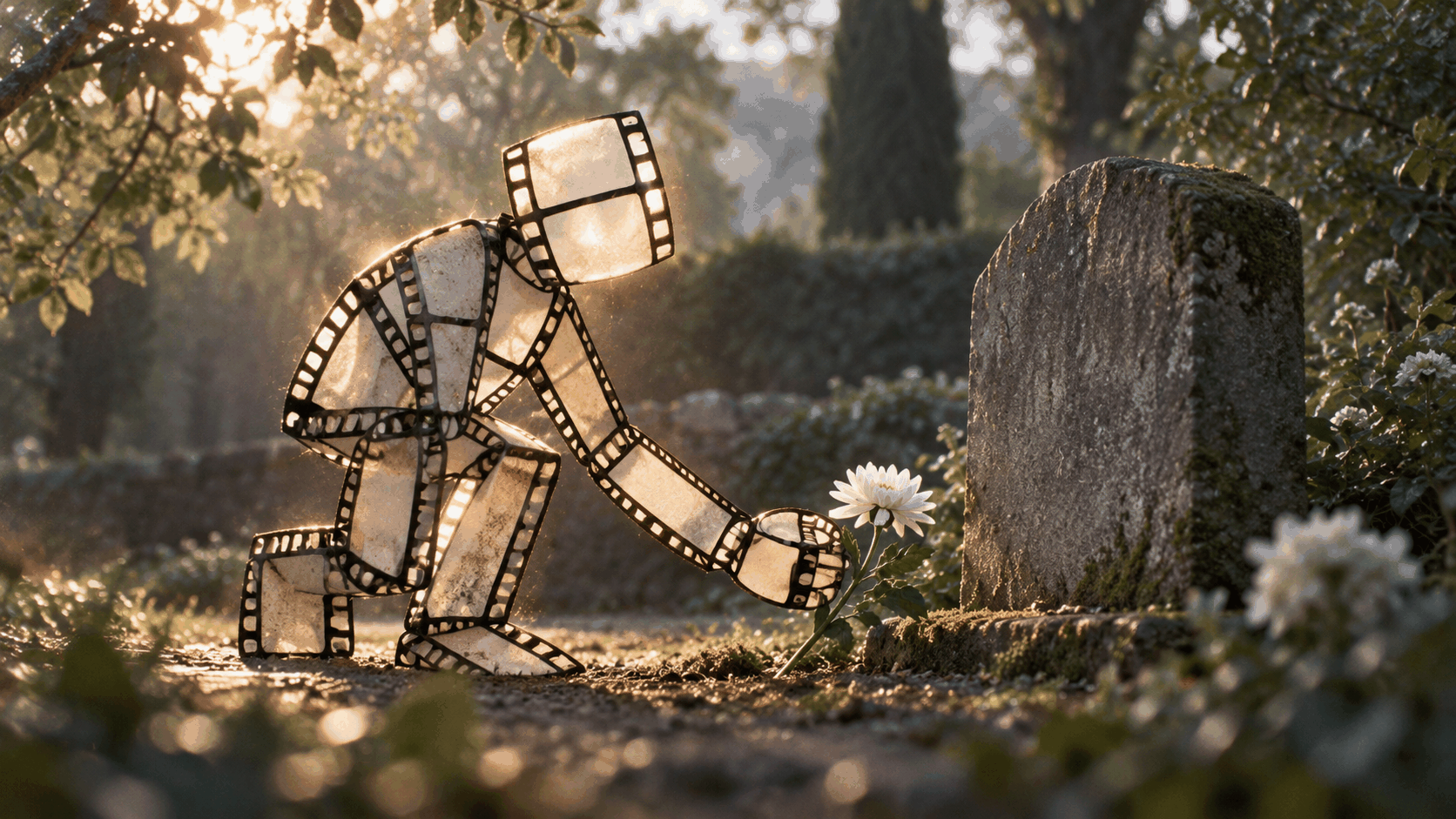Film Cell Man places a white flower beside a memorial in a garden.