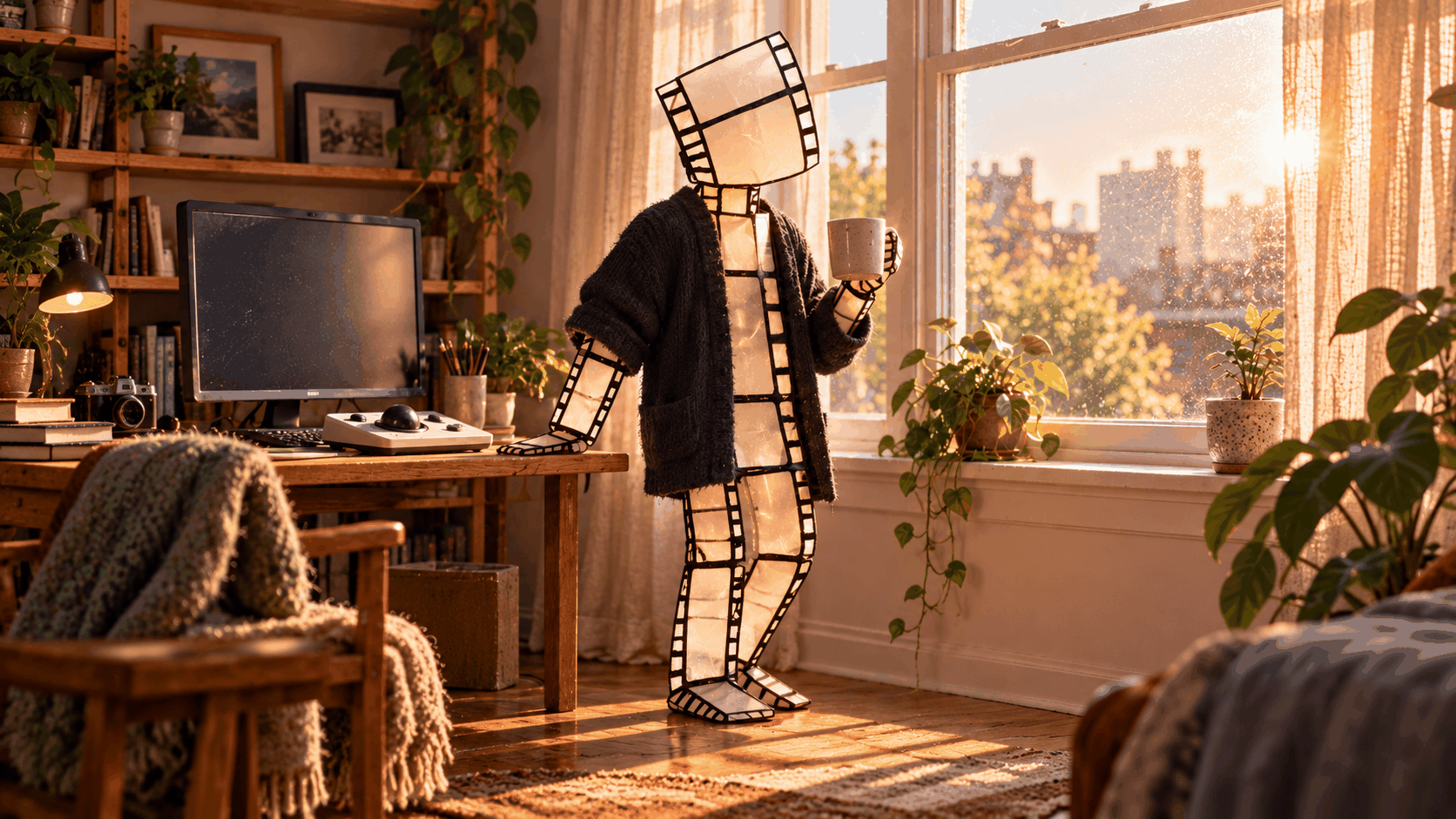 El señor de los fotogramas está sentado junto a una ventana soleada, con una computadora y una taza.