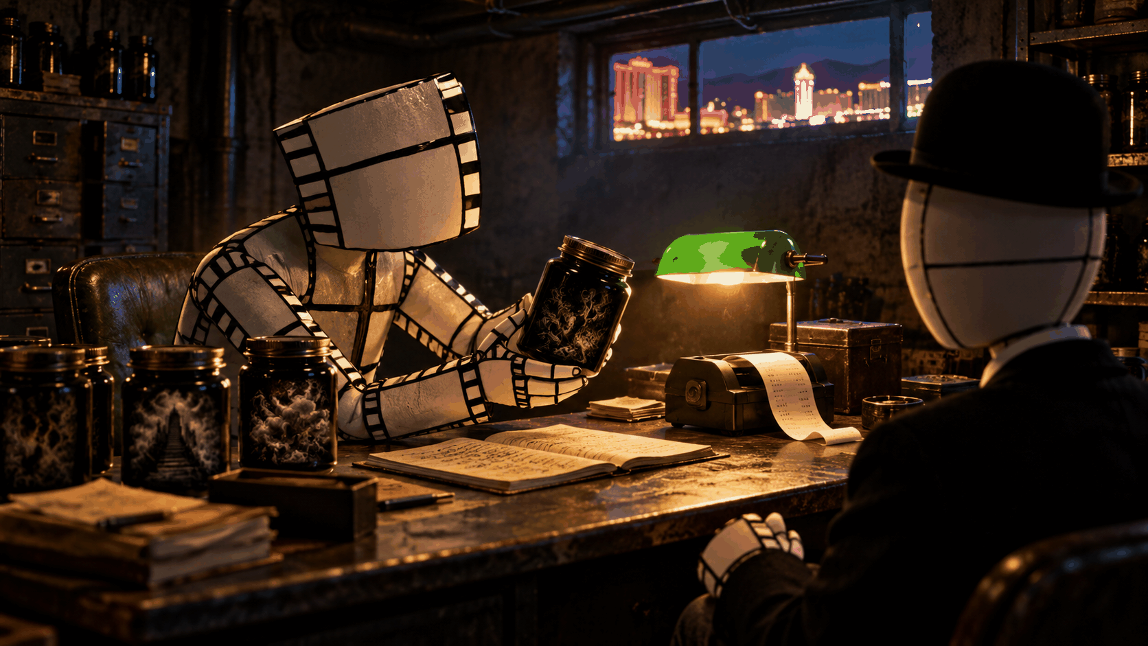 Filmstrip figure presents a dark jar across a desk to a bowler-hatted figure beneath neon-lit windows.