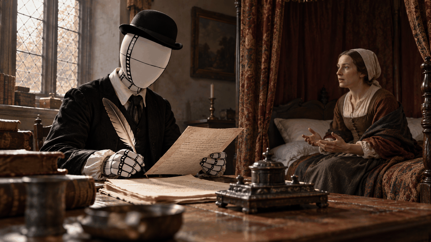 Bowler-hatted figure reads a manuscript while a woman speaks beside a curtained bed in a period room.