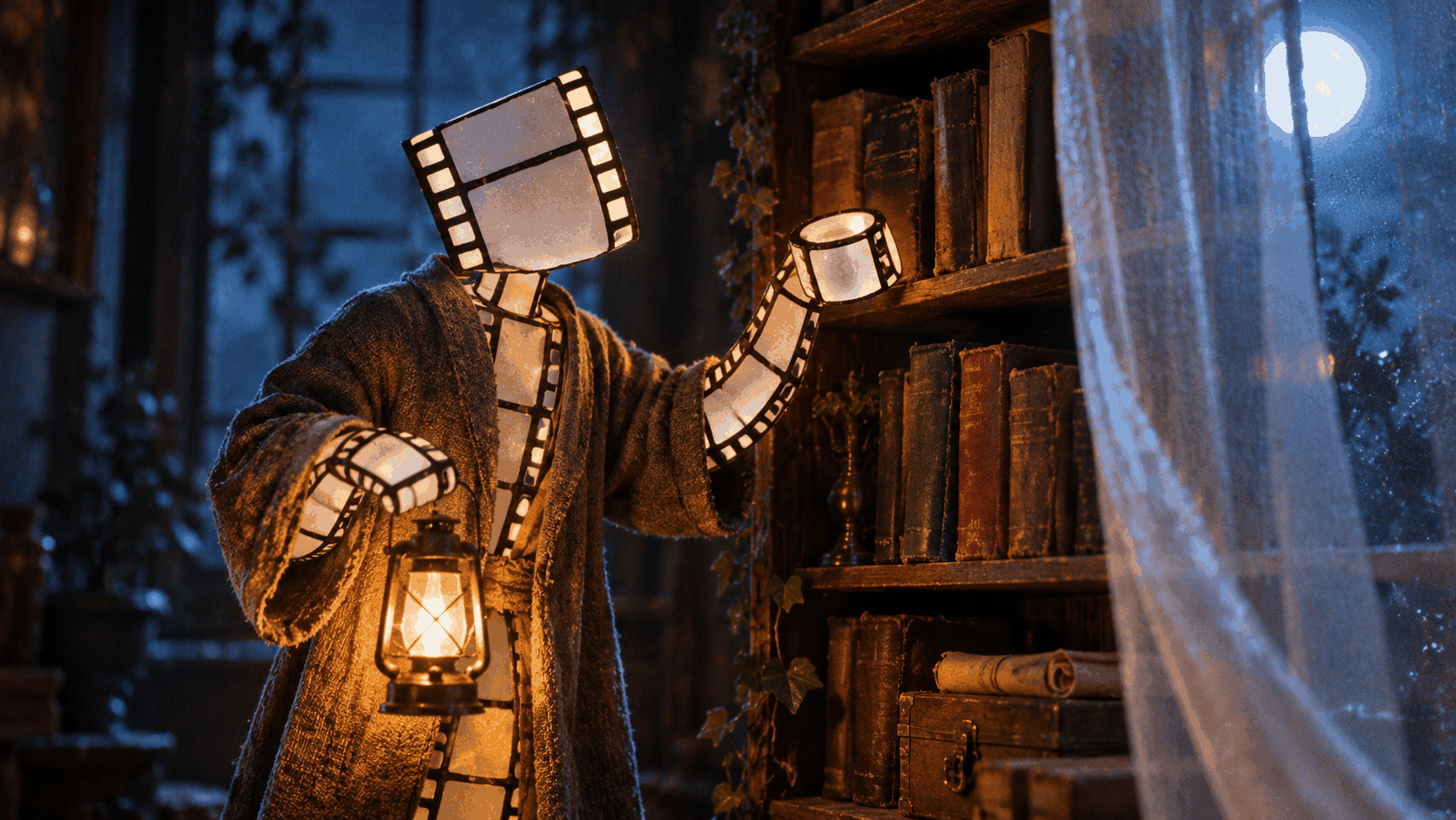 Film Cell Man holds a lantern beside books and a translucent curtain.