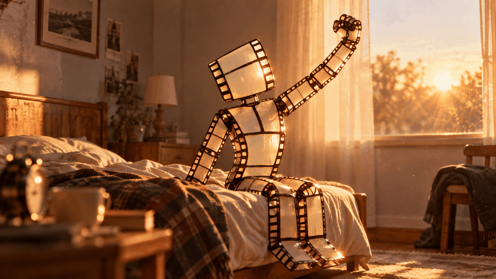 Film Cell Man stretches on the edge of a bed in morning light.