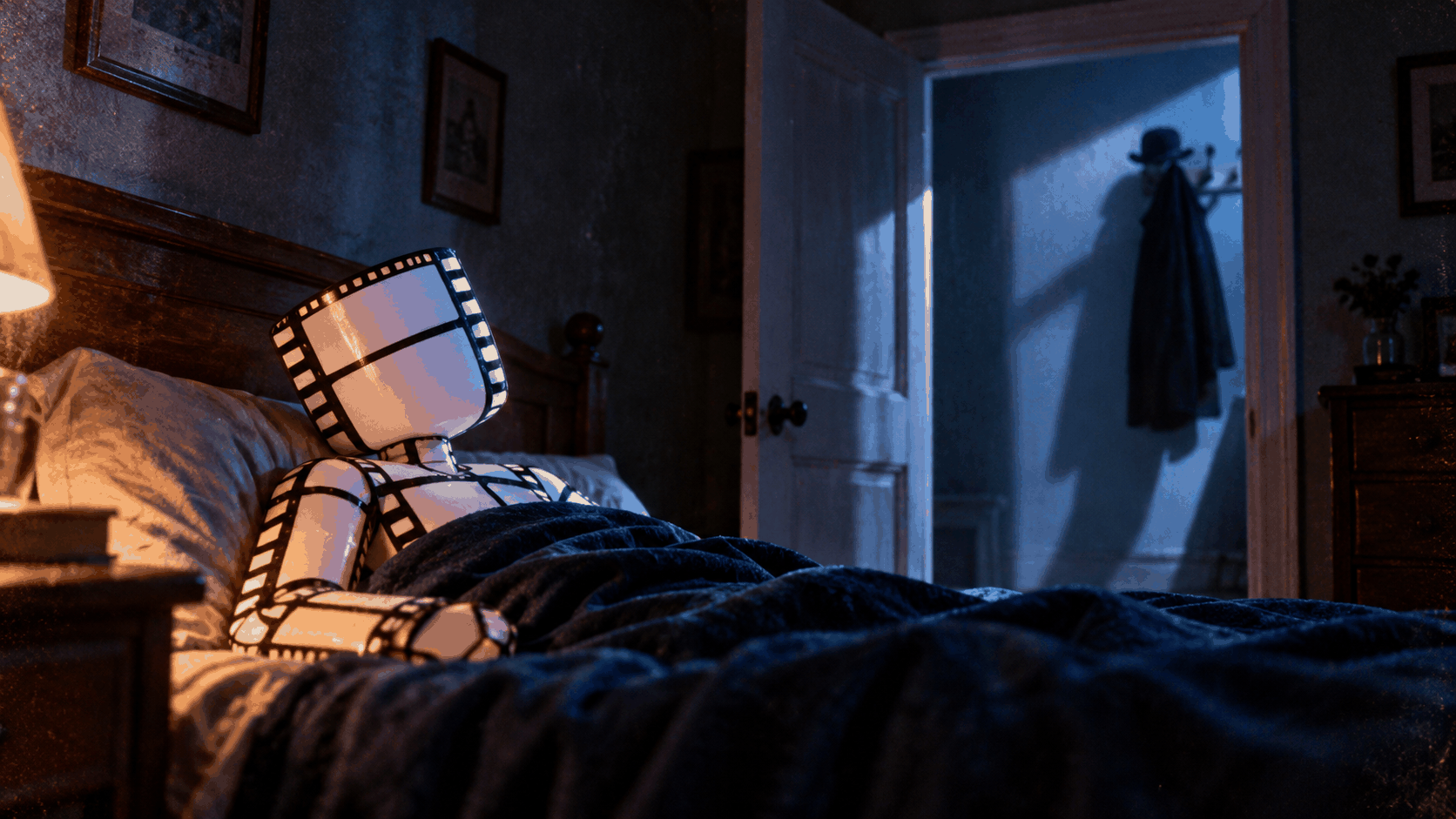Film Cell Man lies in a dim bedroom with a shadow near the doorway.